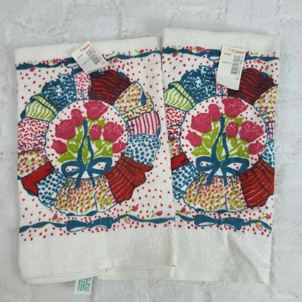 2 Vintage Hand Towels from Ames Department Store NWT white floral design